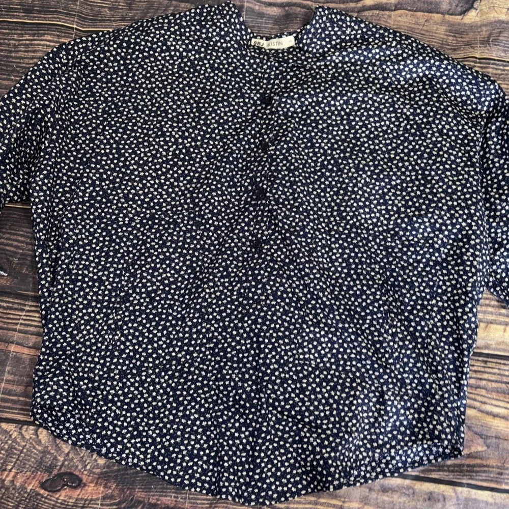 SBJ Austin Oversized Cotton Shirt Size 1/2 Button Boxy Lagenlook Navy Floral - Picture 2 of 8